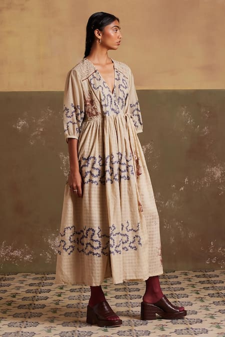 Cord Ivory Cotton Printed And Embroidered Spiral Surplice Neck Poem & Floral Dress 