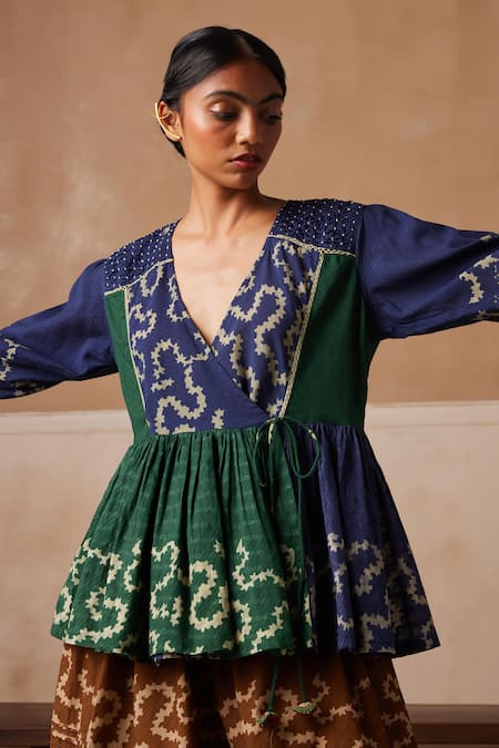 Cord_Emerald Green Cotton Embroidery V-neck Poem Spiral Print Peplum Top_Online_at_Aza_Fashions