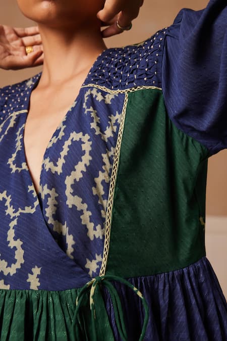 Buy_Cord_Emerald Green Cotton Embroidery V-neck Poem Spiral Print Peplum Top_Online_at_Aza_Fashions