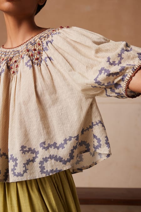 Cord_Ivory Cotton Embroidery Round Neck Rose Spiral Print Flared Top_Online_at_Aza_Fashions