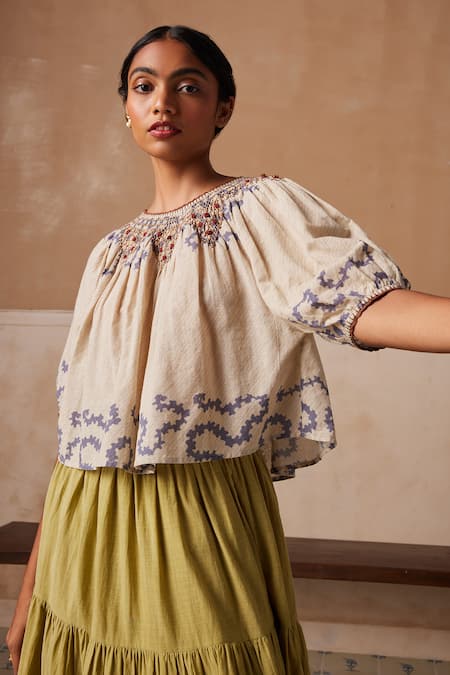 Buy_Cord_Ivory Cotton Embroidery Round Neck Rose Spiral Print Flared Top_Online_at_Aza_Fashions