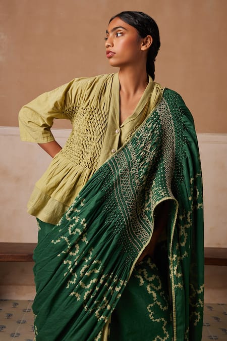 Cord Emerald Green Cotton Embroidery Spiral Print Smocked Saree at Aza Fashions Cord_Emerald Green Cotton Embroidery Spiral Print Smocked Saree_at_Aza_Fashions