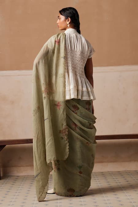 Shop_Cord_Green Cotton Printed And Embroidered Floral & Thread Work Smocked Saree _at_Aza_Fashions