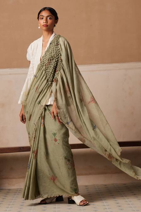 Cord_Green Cotton Printed And Embroidered Floral & Thread Work Smocked Saree _Online_at_Aza_Fashions