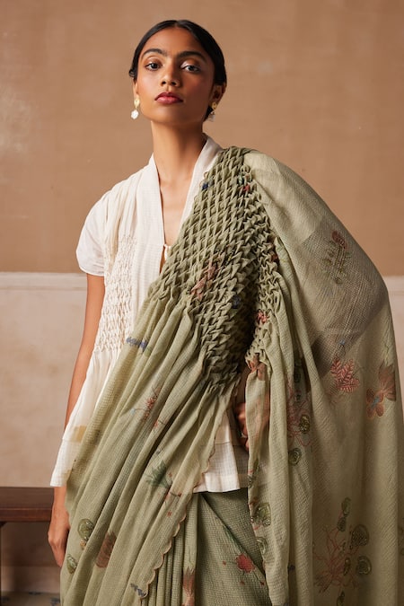 Buy_Cord_Green Cotton Printed And Embroidered Floral & Thread Work Smocked Saree _Online_at_Aza_Fashions