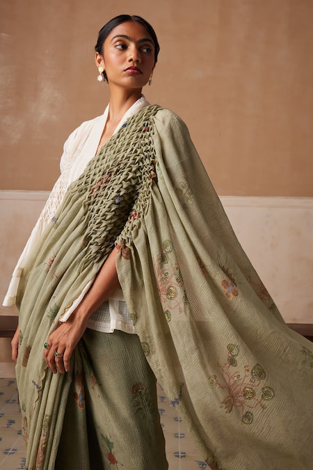 Cord_Green Cotton Printed And Embroidered Floral & Thread Work Smocked Saree _at_Aza_Fashions