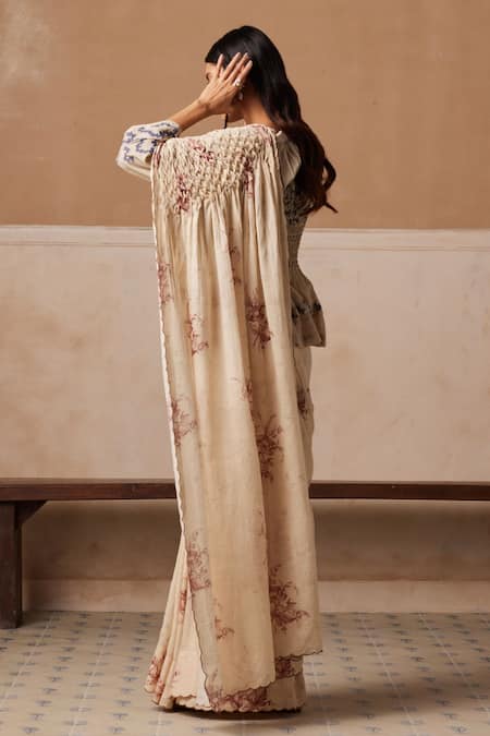 Shop_Cord_Ivory Cotton Embroidery Peony Print Smocked Saree _at_Aza_Fashions
