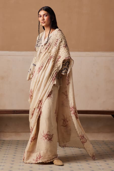 Cord_Ivory Cotton Embroidery Peony Print Smocked Saree _Online_at_Aza_Fashions