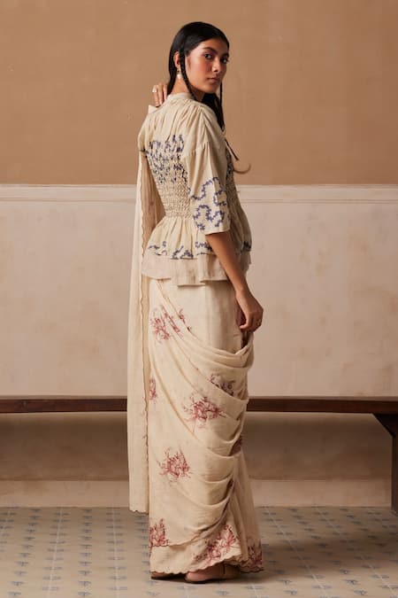 Buy_Cord_Ivory Cotton Embroidery Peony Print Smocked Saree _Online_at_Aza_Fashions