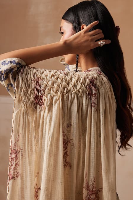 Cord_Ivory Cotton Embroidery Peony Print Smocked Saree _at_Aza_Fashions