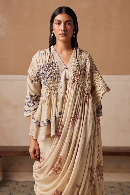 Buy_Cord_Ivory Cotton Embroidery Peony Print Smocked Saree 