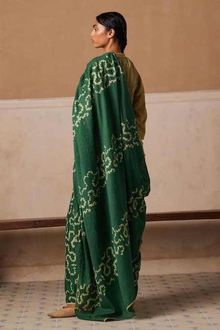 Shop_Cord_Emerald Green Cotton Printed And Embroidered Spiral Smocked Saree & Peplum Top _at_Aza_Fashions