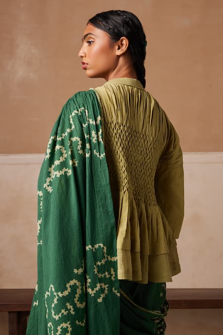 Shop_Cord_Emerald Green Cotton Printed And Embroidered Spiral Smocked Saree & Peplum Top _Online_at_Aza_Fashions