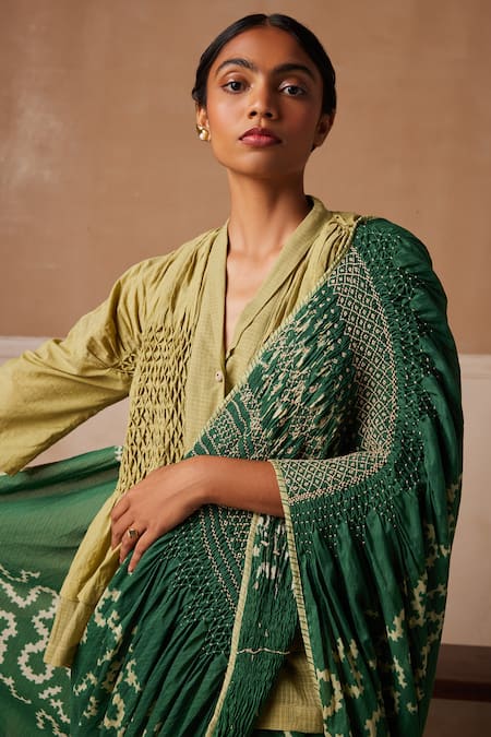 Cord_Emerald Green Cotton Printed And Embroidered Spiral Smocked Saree & Peplum Top _at_Aza_Fashions