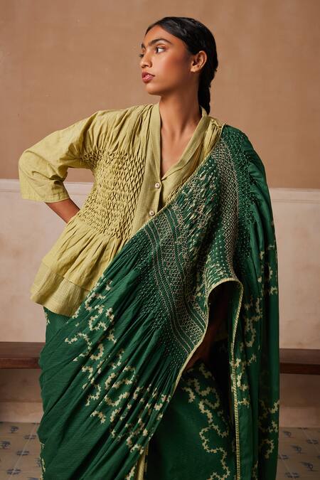 Buy_Cord_Emerald Green Cotton Printed And Embroidered Spiral Smocked Saree & Peplum Top 