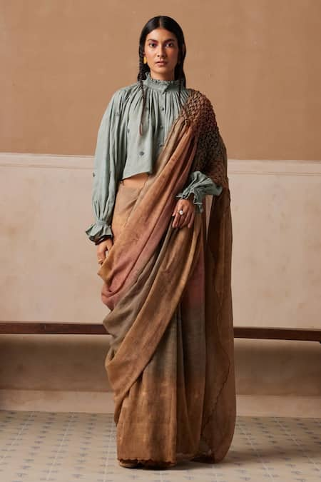 Cord Brown Cotton Embroidered Hazy Stripe Pattern And Thread Smocked Saree & Top Set