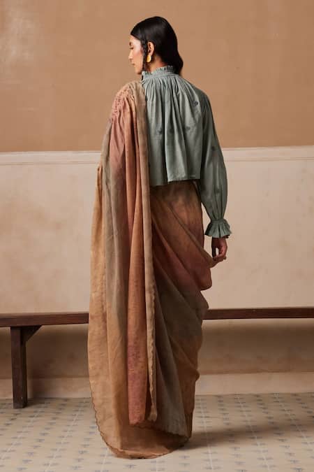 Shop Cord Brown Cotton Embroidery High Neck Top And Hazy Stripe Saree Set at Aza Fashions Shop_Cord_Brown Cotton Embroidery High Neck Top And Hazy Stripe Saree Set_at_Aza_Fashions