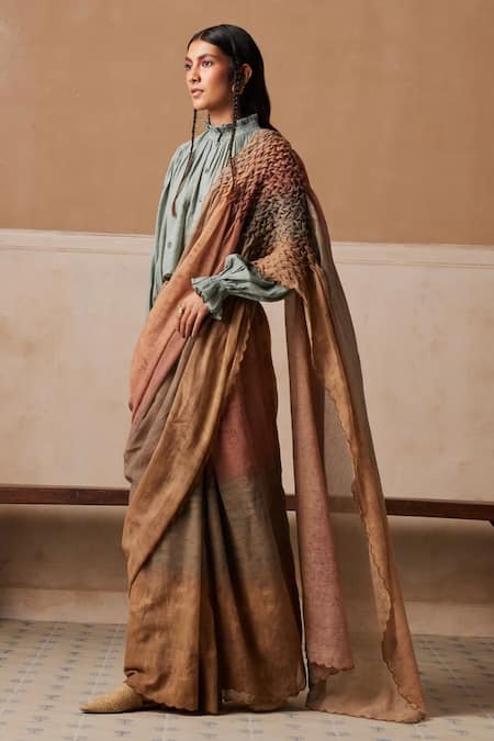 Cord Brown Cotton Embroidery High Neck Top And Hazy Stripe Saree Set Online at Aza Fashions Cord_Brown Cotton Embroidery High Neck Top And Hazy Stripe Saree Set_Online_at_Aza_Fashions