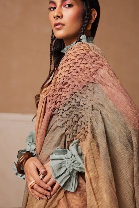 Buy Cord Brown Cotton Embroidery High Neck Top And Hazy Stripe Saree Set Online at Aza Fashions Buy_Cord_Brown Cotton Embroidery High Neck Top And Hazy Stripe Saree Set_Online_at_Aza_Fashions