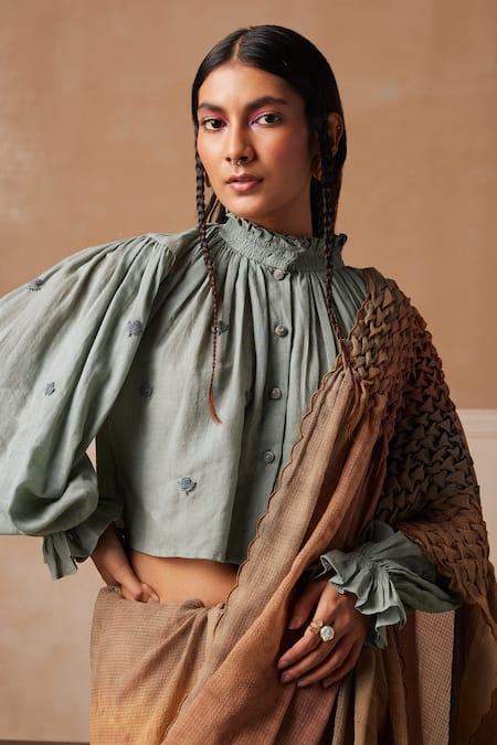 Shop Cord Brown Cotton Embroidery High Neck Top And Hazy Stripe Saree Set Online at Aza Fashions Shop_Cord_Brown Cotton Embroidery High Neck Top And Hazy Stripe Saree Set_Online_at_Aza_Fashions