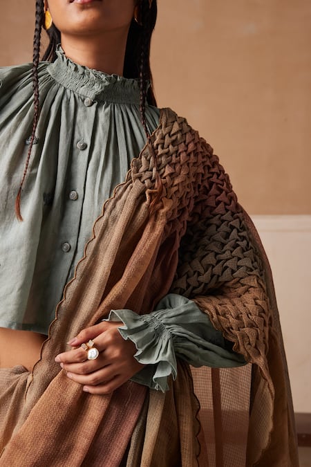 Cord Brown Cotton Embroidery High Neck Top And Hazy Stripe Saree Set at Aza Fashions Cord_Brown Cotton Embroidery High Neck Top And Hazy Stripe Saree Set_at_Aza_Fashions