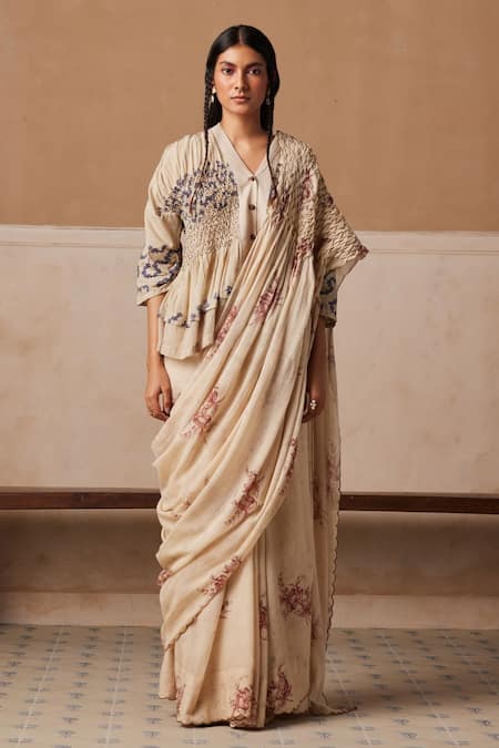 Cord Spiral Print Smocked Saree With Peplum Top 