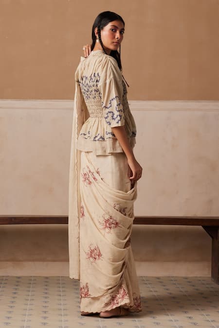 Shop_Cord_Ivory Cotton Embroidery Shawl Neck Spiral Print Smocked Saree With Peplum Top_at_Aza_Fashions