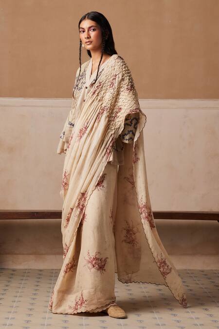 Cord_Ivory Cotton Embroidery Shawl Neck Spiral Print Smocked Saree With Peplum Top_Online_at_Aza_Fashions
