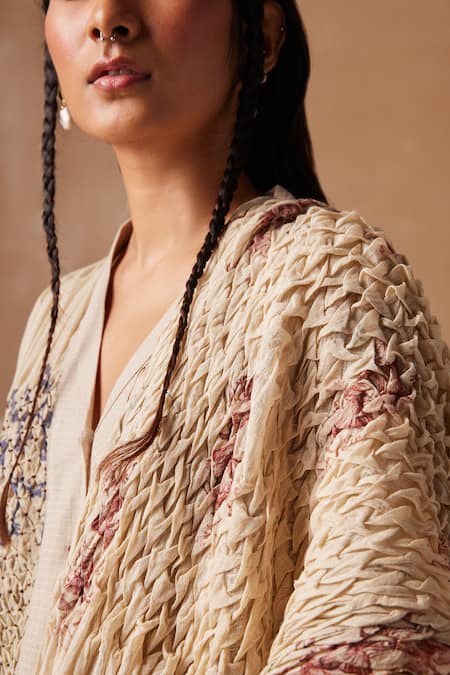 Buy_Cord_Ivory Cotton Embroidery Shawl Neck Spiral Print Smocked Saree With Peplum Top_Online_at_Aza_Fashions