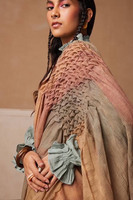 Buy_Cord_Brown Cotton Embroidered Hazy Stripe Pattern And Thread Work High Frill Neck Saree _Online_at_Aza_Fashions