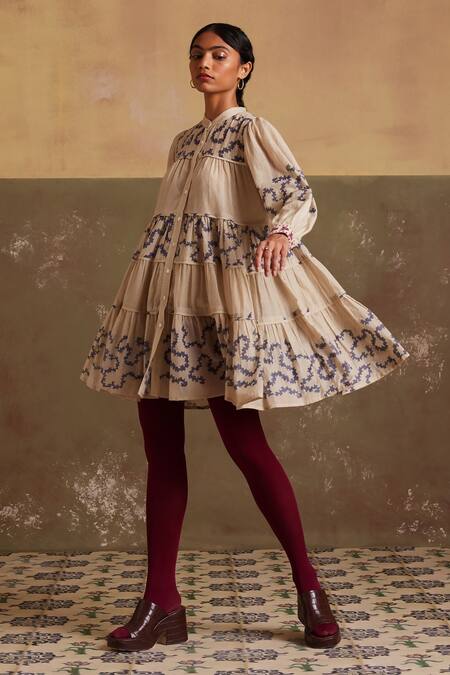 Cord_Ivory Cotton Embroidery Bandeau Neck Spiral Print Tiered Dress_Online_at_Aza_Fashions