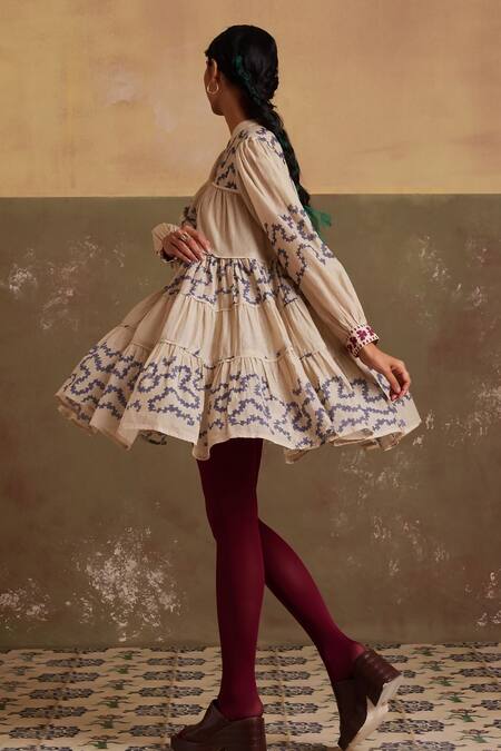 Buy_Cord_Ivory Cotton Embroidery Bandeau Neck Spiral Print Tiered Dress_Online_at_Aza_Fashions