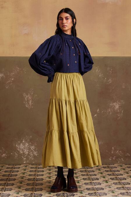 Cord_Green Cotton Multi Layered Tiered Skirt_Online_at_Aza_Fashions