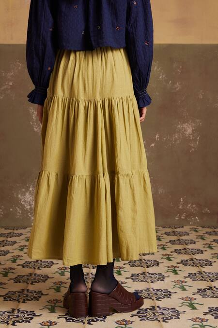 Shop_Cord_Green Cotton Multi Layered Tiered Skirt_Online_at_Aza_Fashions