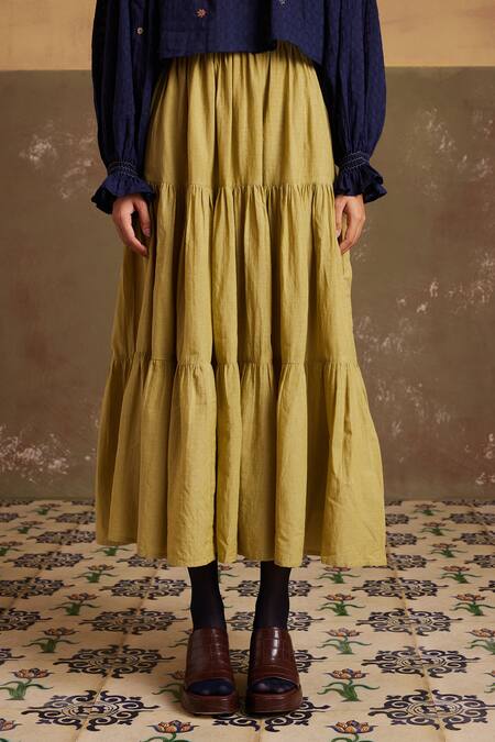 Cord_Green Cotton Multi Layered Tiered Skirt_at_Aza_Fashions