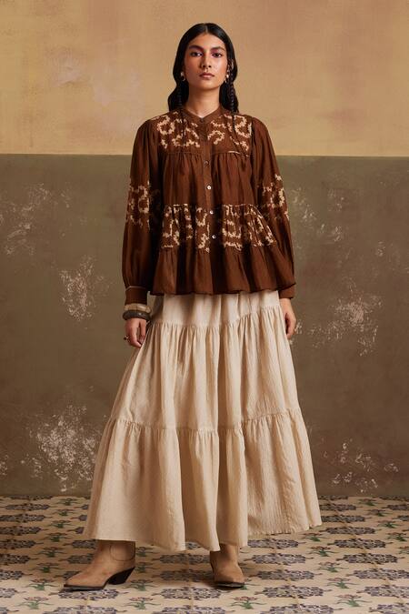 Cord_Brown Cotton Lace Bandeau Neck Spiral Print Tiered Peplum Top_Online_at_Aza_Fashions