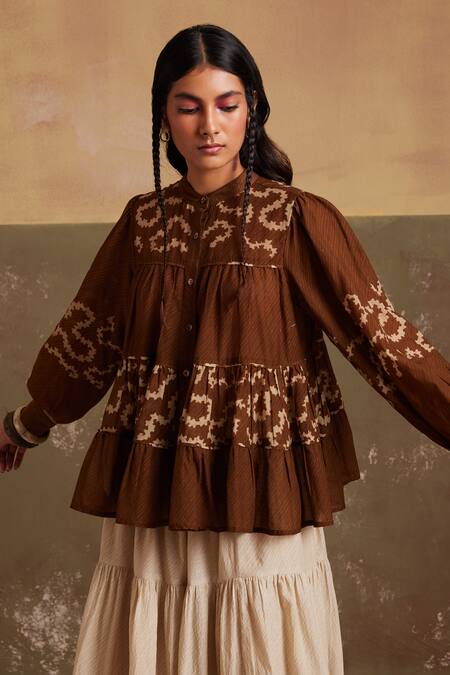 Cord_Brown Cotton Lace Bandeau Neck Spiral Print Tiered Peplum Top_at_Aza_Fashions