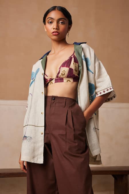 Cord_Ivory Linen Embroidery Collared Day Flower Print Shirt_Online_at_Aza_Fashions