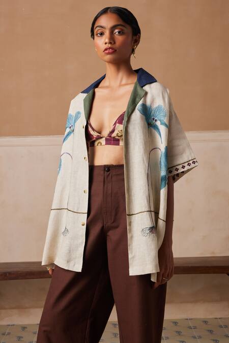 Shop_Cord_Ivory Linen Embroidery Collared Day Flower Print Shirt_Online_at_Aza_Fashions