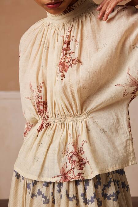 Cord_Beige Cotton Embroidery High Neck Bella Peony Floral Block Print Top_Online_at_Aza_Fashions
