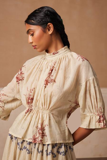 Buy_Cord_Beige Cotton Embroidery High Neck Bella Peony Floral Block Print Top_Online_at_Aza_Fashions