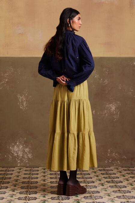 Shop Cord Blue Cotton Embroidery High Neck Elsa Shirt And Skirt Set at Aza Fashions Shop_Cord_Blue Cotton Embroidery High Neck Elsa Shirt And Skirt Set_at_Aza_Fashions