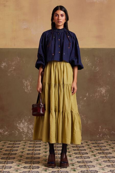 Cord Blue Cotton Embroidery High Neck Elsa Shirt And Skirt Set Online at Aza Fashions Cord_Blue Cotton Embroidery High Neck Elsa Shirt And Skirt Set_Online_at_Aza_Fashions