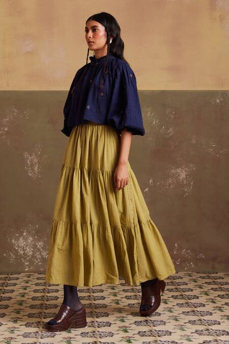 Buy Cord Blue Cotton Embroidery High Neck Elsa Shirt And Skirt Set Online at Aza Fashions Buy_Cord_Blue Cotton Embroidery High Neck Elsa Shirt And Skirt Set_Online_at_Aza_Fashions