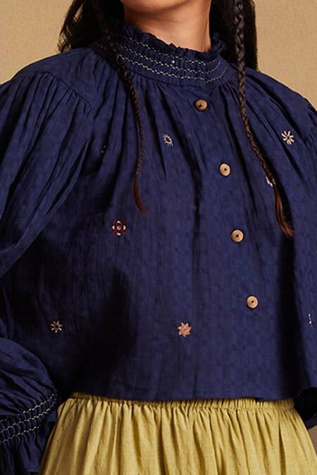 Shop_Cord_Blue Cotton Embroidery High Neck Elsa Shirt And Skirt Set_Online_at_Aza_Fashions
