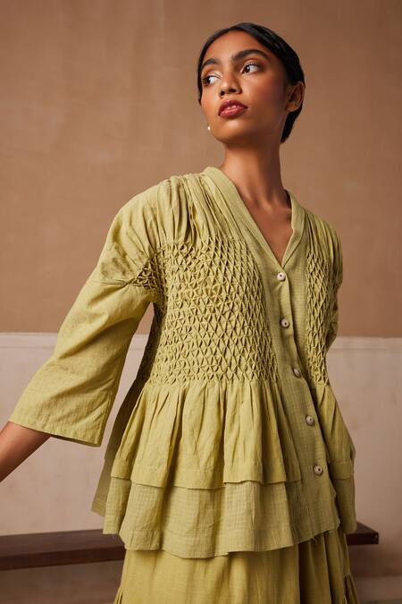 Buy_Cord_Green Cotton Embroidery V-neck Jade Smocked Top_Online_at_Aza_Fashions
