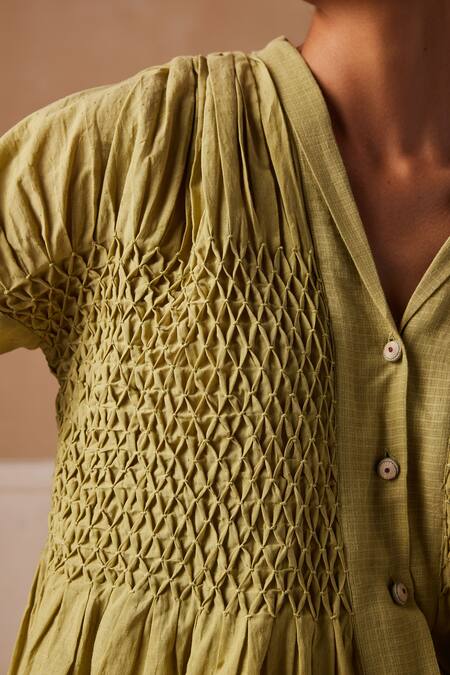 Shop_Cord_Green Cotton Embroidery V-neck Jade Smocked Top_Online_at_Aza_Fashions