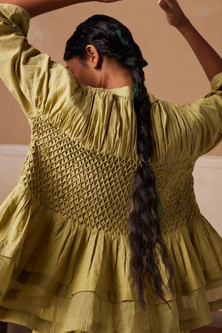 Cord_Green Cotton Embroidery V-neck Jade Smocked Top_at_Aza_Fashions