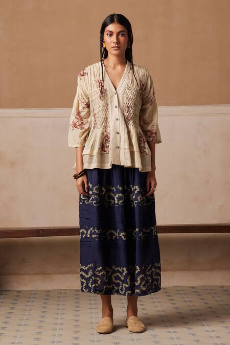 Cord_Pink Cotton Embroidery V-neck Jade Floral Print Top_Online_at_Aza_Fashions