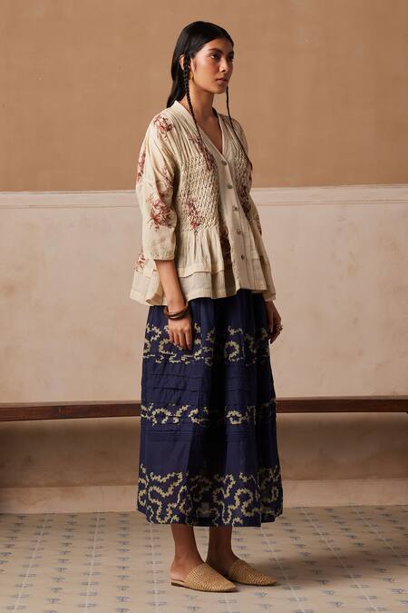 Buy_Cord_Pink Cotton Embroidery V-neck Jade Floral Print Top_Online_at_Aza_Fashions